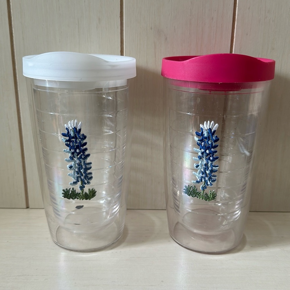 Two Tervis bluebonnet tumblers with lids